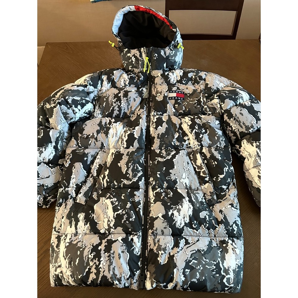 Tommy Jeans Camo AOP Size XS Down Mid Length Full Zip Hooded Winter Coat Jacket